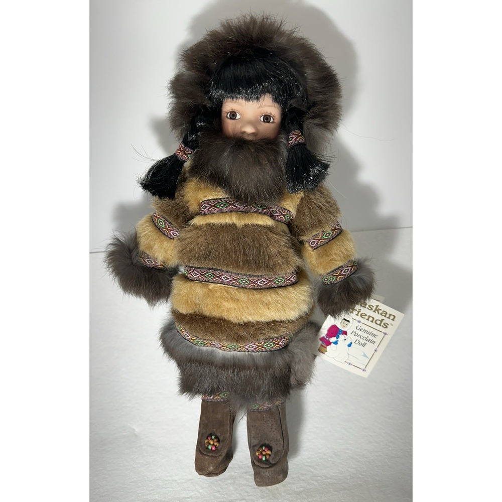 Vintage Alaskan Friends Genuine Porcelain Eskimo Doll Inuit Rabbit Fur NWT
